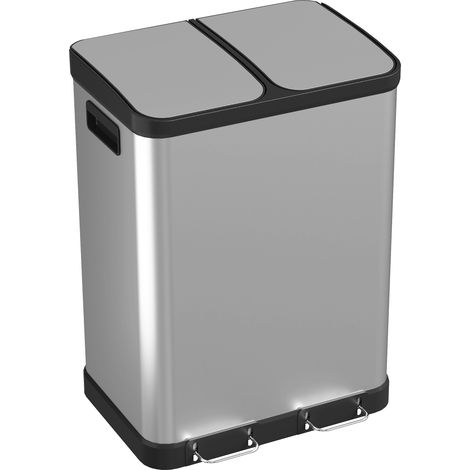 Poubelle cuisine double compartiment 2x30L pédale acier inox fermeture douce argent (1/5)