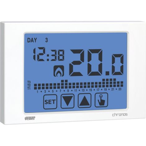 Thermostat numérique à écran tactile mural – Programmation hebdomadaire – Alimentation par batterie – Plage de réglage 2-50°C – Vemer (1/2)