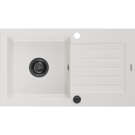 Mexen Pablo Lavello in granito a 1 vasca con sgocciolatoio 752 x 436 mm, bianco, sifone nero - 6510751010-20-B (1/5)
