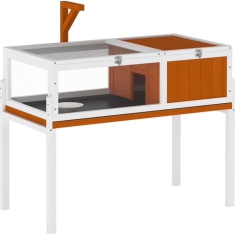 Casetta/recinto in legno per tartarughe con casetta principale, finestra di osservazione e copertura, dimensioni 104 cm x 53 cm x 82 cm, colore bianco e arancione, disponibile in loco. (1/5)