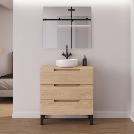 Meuble de salle de bain 70cm avec plateau et vasque à poser ronde - 3 tiroirs - roble era (chêne clair) - RIZA (1/5)