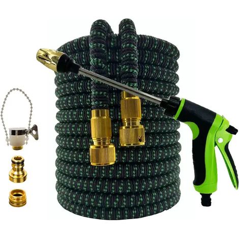 Tuyaux d'arrosage extensibles pour jardin (noir et vert, 1/2 pouce, 15 m) - Tuyaux d'arrosage flexibles haute pression - Fournitures d'irrigation horticole - Pistolet à eau pour le lavage de voiture