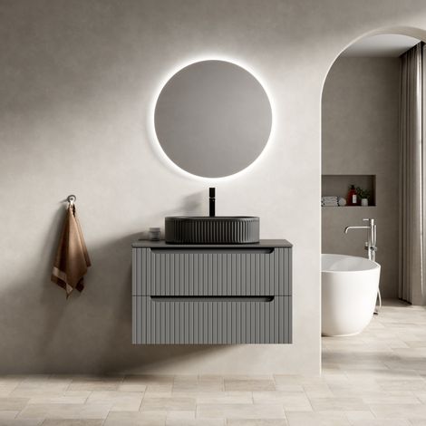 Mueble de baño suspendido (80x46x62.2 cm), con lavabo ovalado, doble cajón, cerámica, piedra sinterizada, negro (1/5)