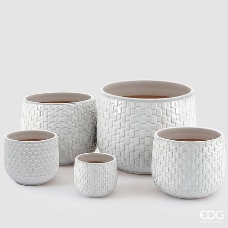 EDG Enzo De Gasperi Vaso Cachepot Bombato a Riquadri Ceramica Bianco – Set 5 Pezzi (1/5)