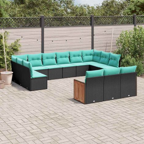 Salon de jardin modulable 13 pièces en résine tressée noir avec coussins bleus - PANGIVO (1/5)