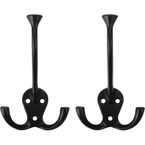 Crochets muraux doubles robustes en alliage noir (lot de 2) pour ranger vêtements et foulards dans la chambre. (1/5)