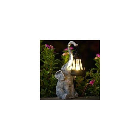 Beijiyi – Statue décorative éléphant jardin extérieur avec lampe solaire LED – Résistante aux intempéries – Figurine grise pour balcon et jardin