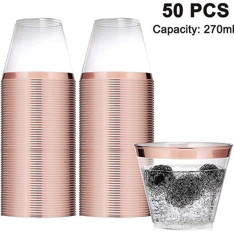 Set aus 50 Plastikbechern mit Goldrand, 26 cl (9 oz) klare Weingläser mit roségoldenem Rand