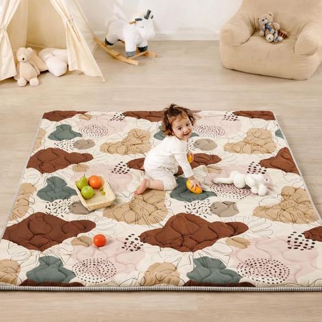 1 Tapis d'éveil, 127x127cm, Antidérapant, Lavable en machine, Pliable, Coton et polyester, Style bohème, Pour intérieur et extérieur