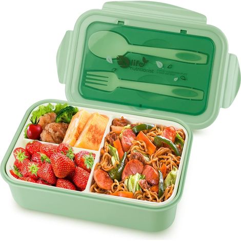 Lunch Box, Bento Box con forchetta e contenitore per il pranzo ermetico a prova di perdite da 1400 ml, ecologico, per picnic, scuola, lavoro, verde (1/5)