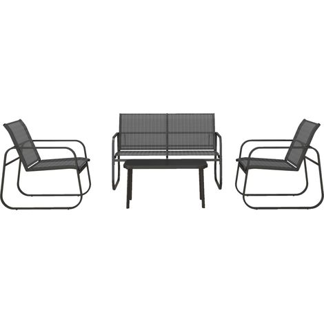 Ensemble de mobilier de jardin 4 pièces, 2 fauteuils, canapé 2 places, table avec plateau en verre, tissu respirant, structure en métal, noir (1/5)