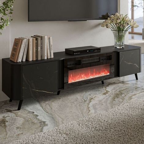 Meuble TV noir 200cm - effet marbre - avec cheminée Lucky (1/5)