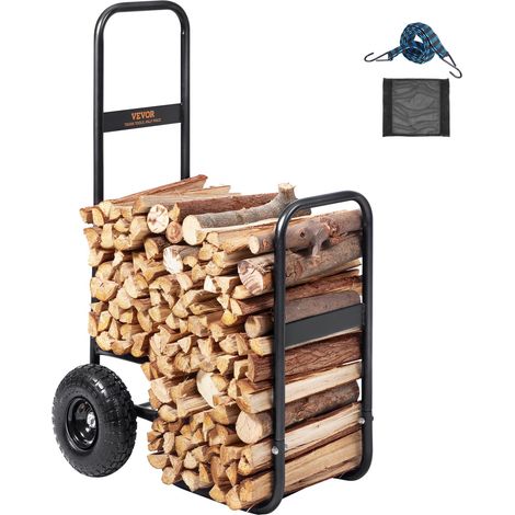 Chariot Transport Bois de Chauffage Charge 113,4 kg Chariot de Bûches de Bois Acier 67x52x110 cm Range Bûche Intérieur avec Roues Gonflables Caoutchouc Porte Bûche Extérieur pour Cheminée, Noir (1/5)