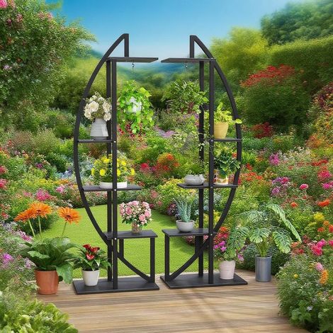 Étagère à fleurs en métal à 5 niveaux et 2 crochets - Échelle de sol pour balcon ou jardin, support pour plantes d'extérieur (1/5)