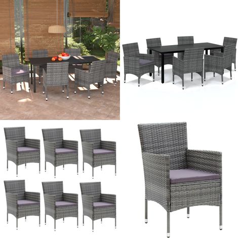 7-tlg. Garten-Essgruppe mit Kissen Poly Rattan Grau - Gartensessel - Gartenstuhl - Outdoor Möbel - Balkonmöbel - Terrassenmöbeln - Home & Living