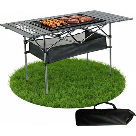 Tragbarer, klappbarer Campingtisch – Picknick- und Grilltisch für draußen, mit zusätzlichem Stauraumnetz, ideal für Camping, Strand und Angeln – Schwarz (1/5)