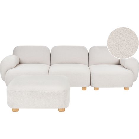 Sofá modular de 3 plazas de bouclé con otomana patas de madera moderno blanco crema Amli