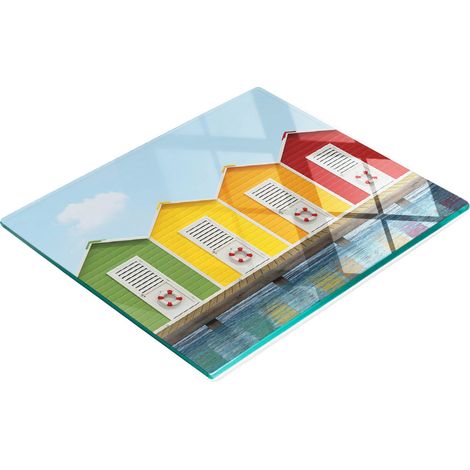 Tablero decorativo multifuncional de vidrio templado con dise帽o de casas de playa, 60x52 cm.