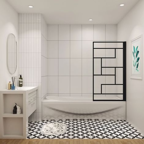 AICA 800x1400mm Aica Matt Black Frame Irregular Grid Pivot Shower Bath Screen (1/5)