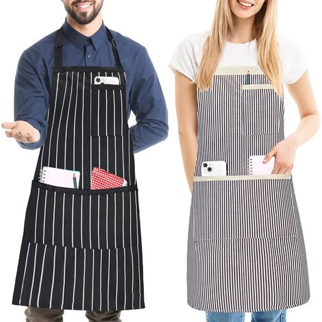 2 Pièces Tablier de Cuisine à Rayures avec 3 Poches pour Homme et Femme (1/5)