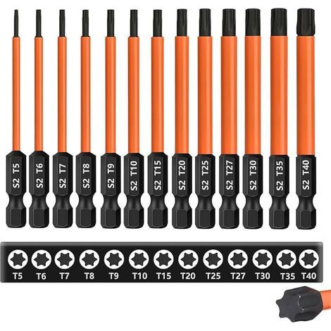 Lot de 13 embouts de tournevis Torx de 75 mm de long (T5-T40), tige hexagonale 1/4", embout Torx long, en acier S2 magnétique, pour visseuse sans fil (1/5)