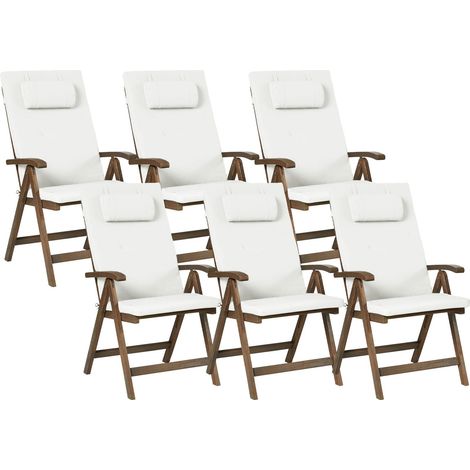 Set of 6 Garden Chair Dark Acacia Wood Natural with Off-White Cushions Adjustable Foldable Outdoor with Armrests Country Rustic Style AMANTEA PREMIUM