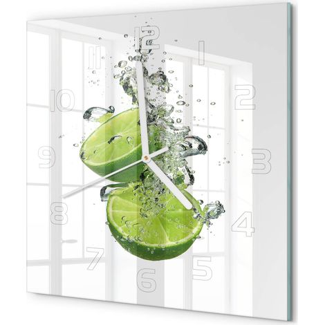 Horloge Murale Carrée Originale Verre Trempé Décoration Maison Moderne Citron vert sous l'eau 30x30 cm (1/5)