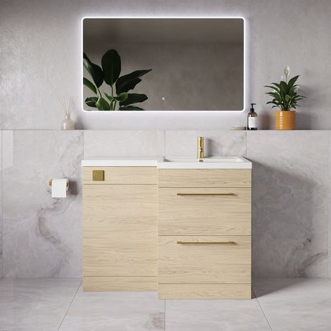 Napoli 390 Light Oak 1100mm 2 Drawer Vanity Unit Toilet Suite with Square Right Hand Lucia Basin - 1100mm - Brushed Brass 320mm HandleWithout Kingston Toilet Pan