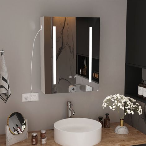 Miroir de Salle de Bains Intelligent avec Éclairage LED 3 Couleurs  Port USB Intégré  Rangement Anti-Buée  Dimensions 80x60cm (Murale, Design Moderne (1/5)