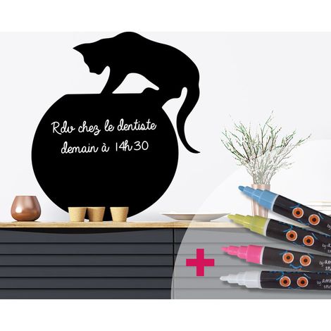 Sticker ardoise tableau noir - stickers muraux adhésif effaçable - CHATON SUR L'AQUARIUM + 4 CRAIES LIQUIDES - 120x105cm (1/4)