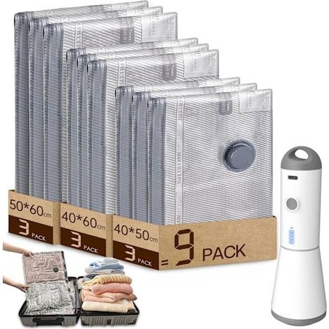 Sac de rangement sous vide pour aspirateur à vêtements avec pompe à vide électrique sans fil, 9 (3 x 40 x 50 cm, 3 x 40 x 60 cm, 3 x 50 x 60 cm), réutilisable-AquaForge