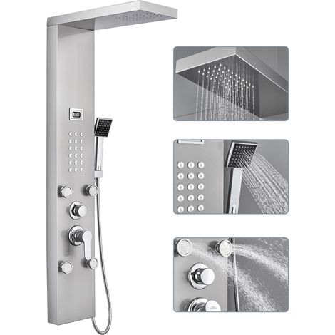 Auralum Colonne de Douche Hydromassante avec Écran Affichage Temprérature Panneau de Douche en Acier Inox avec Micro-jets de Massage (1/5)