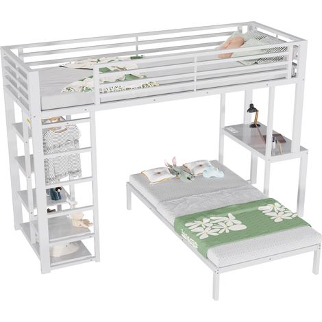 Lit mezzanine blanc 90x200 avec bureau intégré, étagères de rangement, prise USB Type-C et structure métal MDF, sans matelas (1/4)