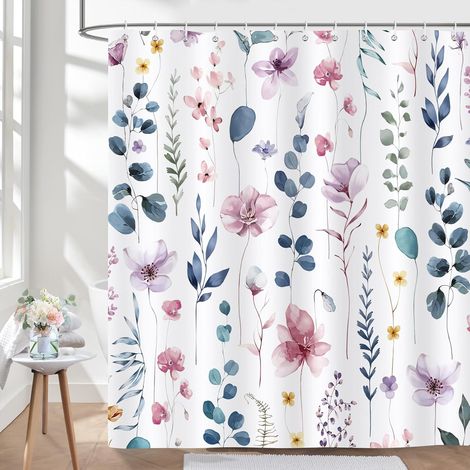 Duschvorhang mit floralem Aquarellmuster, 180 x 180 cm, wasserdicht, schimmelresistentes Polyester, mit 12 Haken