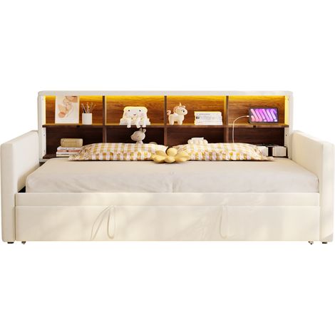 Canapé-lit rembourré 90 x 190 cm, tête de lit avec rangements intégrés, bande lumineuse LED et prises de charge, avec lit gigogne, revêtement en velours, beige (1/5)