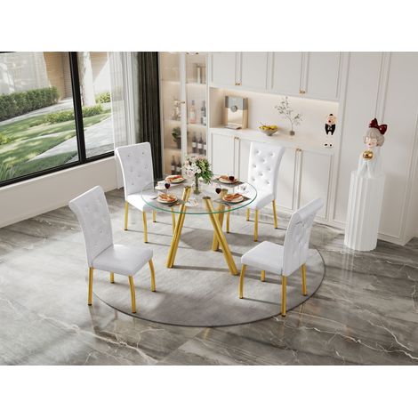 Ensemble de salle à manger 5 pièces pour 4 personnes, table ronde moderne en verre trempé avec pieds en métal argenté et 4 chaises rembourrées blanches, mobilier pour cuisine et salle à manger