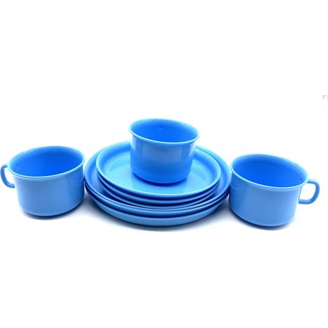 Service de table pour 3 personnes, couleur bleu clair, service de vaisselle service à café vaisselle en plastique 3 tasses et 3 assiettes de 14 cm et 18 cm en plastique vaisselle réutilisable (1/2)