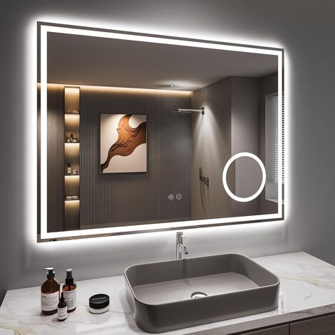 Miroir salle de bain 80x60cm – 3X loupe – Anti-buée avec éclairage – Prise pour rasoir – 3 couleurs réglables – IP44 étanche – Dripex (1/5)