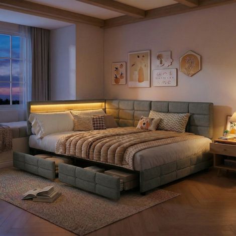 Cama para adultos de 140x190 cm – Ropa de cama gris – Iluminación LED de 16 colores – Cajón metálico – Puerto de carga – Base de láminas (1/5)