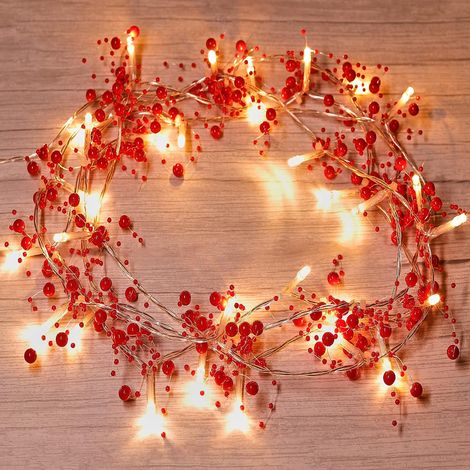 Guirnalda Luminosa De Bayas Rojas - 20 Led Cálidos - 2 Modos De Iluminación - 2 M - Funciona Con Pilas - Para Árbol De Navidad Y Decoración Interior Exterior (1/5)
