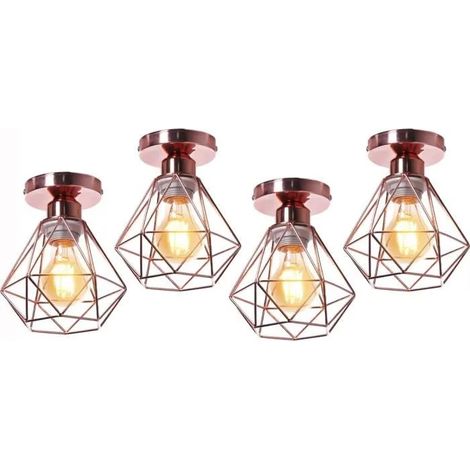U-Do 4Pcs Plafonnier Industriel Vintage Lampe de Plafonde Cage forme Diamant Mini en Métal Or Rose (1/4)