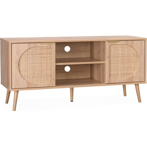 Meuble TV. Eva. décor bois et cannage arrondi 2 portes. 1 étagère L120 x l39 x H56.5cm