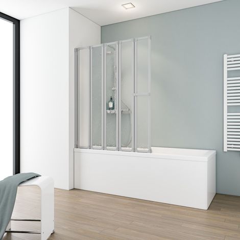 Schulte – Pare-baignoire pliant 115x140 cm – Verre synthétique 3 mm – 5 volets rabattables – Profilé blanc – Montage réversible