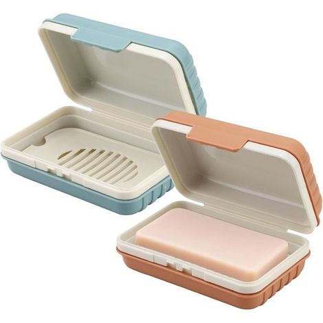 Set di 2 pezzi per sapone da viaggio, arancione/blu, con coperchio e vassoio raccogligocce. Portatile, ideale per sport, campeggio e doccia. (1/4)