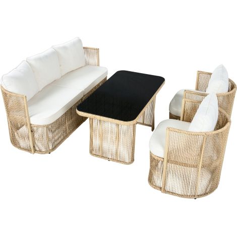 Salon jardin 4p rotin PE, canapé 3 places, table verre trempé, coussins (1/5)