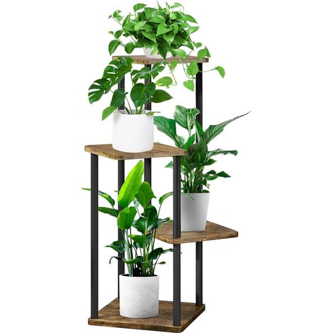 Support de Plante en Métal Bois, Multiple Étagère à Fleurs Support de Pots Fleurs Porte Plantes Interieur, Décoratif Présentoir Étagère de Pots Fleurs pour Salon Balcon (4 Niveaux, Noir) (1/5)
