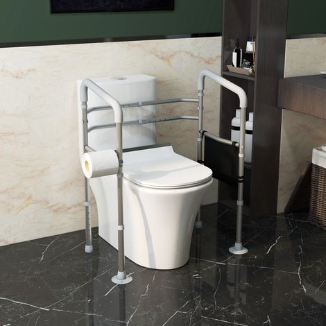 Cadre de toilettes accoudoirs largeur et hauteur réglables support de maintien avec pochette rangement gris