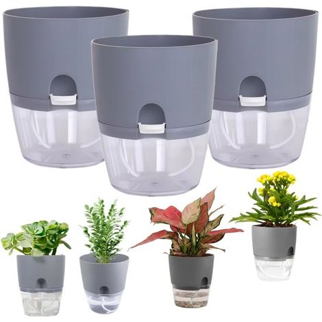 Pots de fleurs auto-drainants lot de 3 - pots à double couche avec réservoir d'eau, gris, 10,5 x 13,8 cm (1/5)