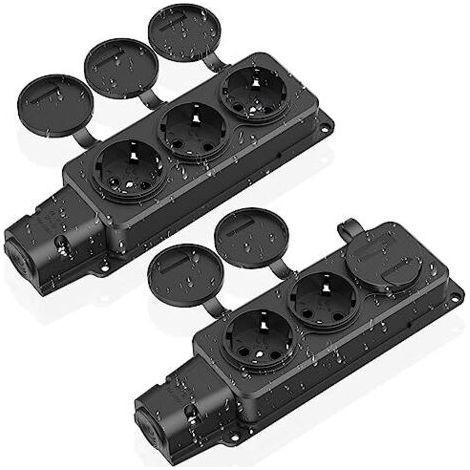 Multiprise à 3 voies, 2 prises extérieures étanches IP54, prises de sécurité avec couvercles à charnières, multiprise pour usage extérieur, 230 V/16 A max. 3500 W, prise extérieure, n (1/5)
