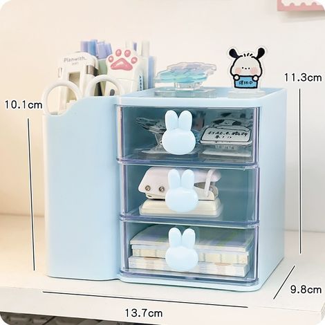 1 Boîte de rangement à tiroirs à 3 niveaux avec porte-stylo, organisateur de bureau multifonction, adapté au bureau, poignée en forme de lapin mignon, accessoire de bureau pour décoration de table, bl (1/5)